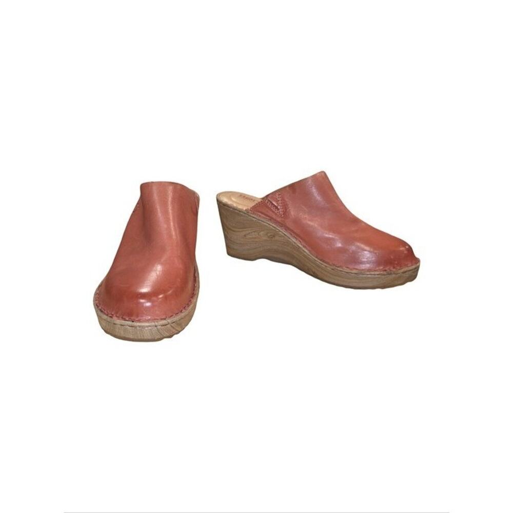 Born Khelly Leather Wedge Clogs Mules Coral Red Brown BR0026226 Womens 8M